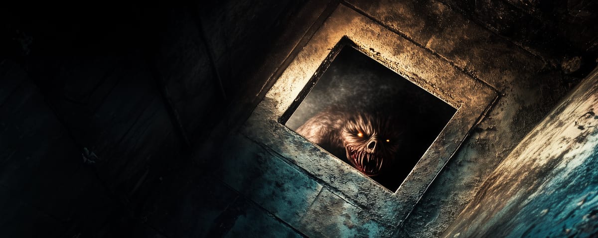 A horrific creature peers down through an open trapdoor.