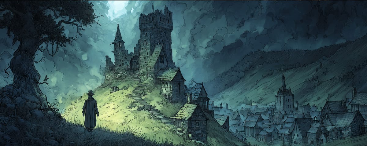 A silhouette overlooks a dark, crumbling castle by moonlight, with hills and a town in the background.