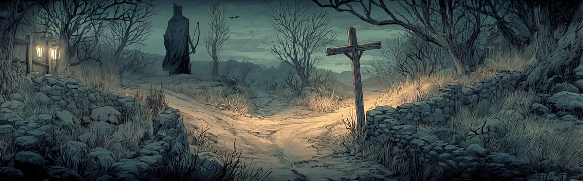 A twilight crossroads, lit my lanterns and marked with a cross. A shadowy figure with a bow in the background.
