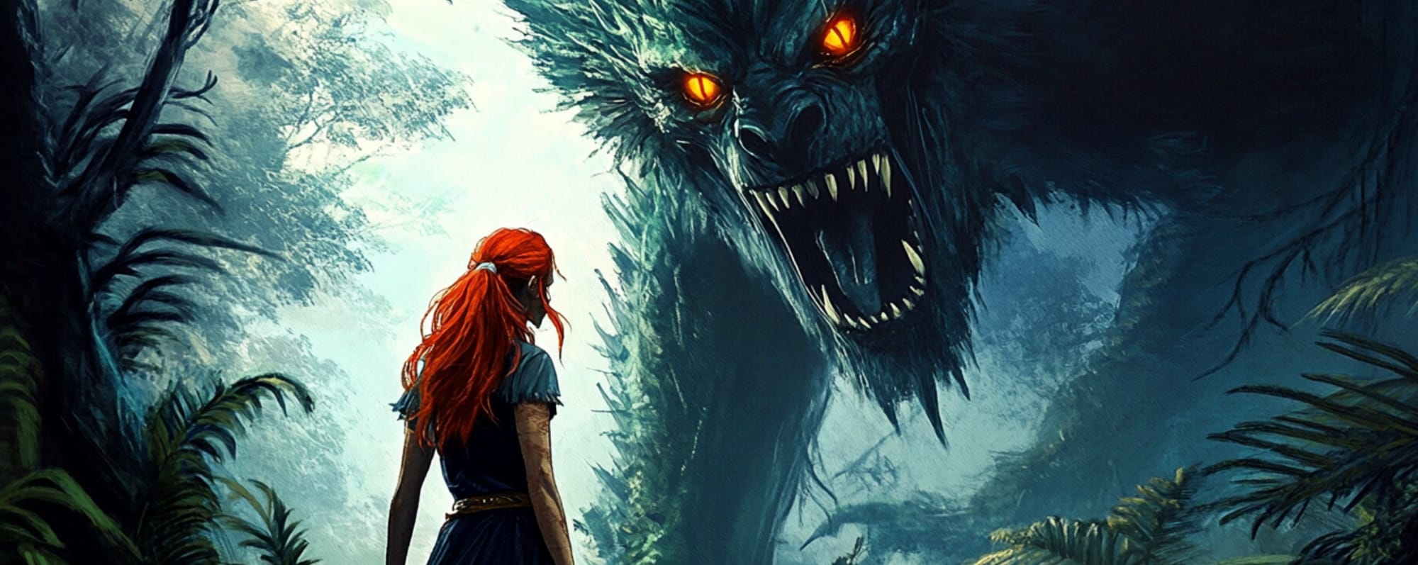 A giant monster with glowing eyes looms over a young, red-headed woman.