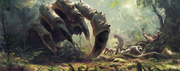 A giant claw in the jungle, surrounded by bodies.