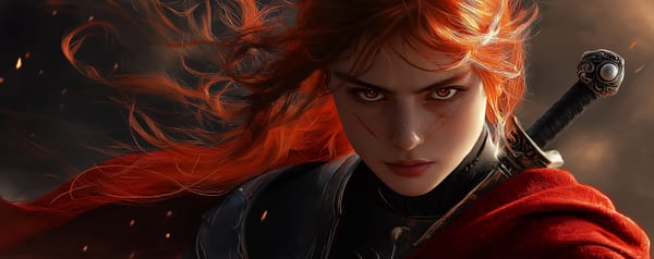 Fleta with red hair and cape fluttering in the wind, the pommel of the Weeping Falchion visible over her shoulder.