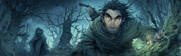 Alric hints in a barren patch of forest, with a shadowy shamble man lurking behind him.
